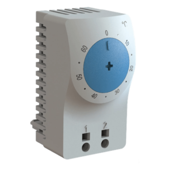 Termostato/Interruptor Para Control de Temperatura en Grados Celsius, Para Uso con Ventiladores, Con Terminales de Conexión, y Clip para Riel Din de 35 mm, Color Gris Claro