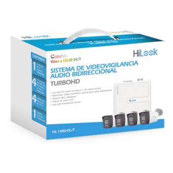 Kit TurboHD 1080p / DVR 4 canales / 4 Cámaras Bala de Policarbonato / Audio Bidireccional / Dual Light (IR + Luz Blanca) / H.265+ / 1 Fuente de Poder Profesional / Accesorios de Instalación