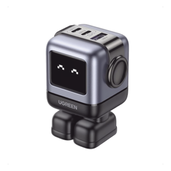 Cargador RobotGaN de 65W Serie UNO | 3 Puertos de Carga Rápida | 2 USB-C | 1 USB-A | PD 3.0 | QC 4.0 | Carga Inteligente | Tecnología GaN II | Zapato Magnético Extraíble | Carcasa Ignífuga | Pantalla LED