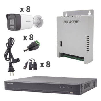 Kit Audio Bidireccional TurboHD 4K-3K / DVR 8 Canales 4K / 8 Cámaras Bala (Exterior) con Bocina y Microfóno Integrado 3K / 1 Fuentes de Poder / Accesorios