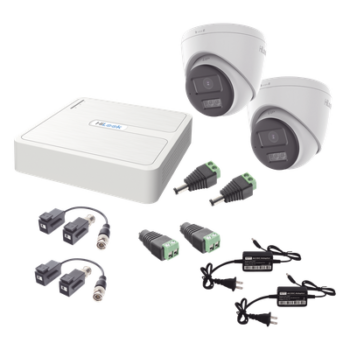 Kit HiLook Audio Bidireccional TurboHD 1080p / DVR 4 Canales / 2 Cámaras Turret (Exterior) con Bocina y Microfóno Integrado / 2 Fuentes de Poder / Accesorios