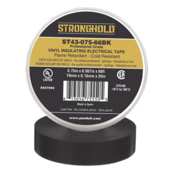 Cinta Eléctrica STRONGHOLD para Aislar, de PVC, Uso Profesional en Construcción Eléctrica, Grosor 0.18mm (7 mil), Ancho 19mm, y 20m Largo, Color Negro.