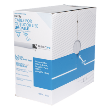 Bobina de cable de 305 m, Cat5e, para intemperie, sin blindar, color blanco, UL, para aplicaciones en CCTV, redes de datos, Requiere tubería para su correcta instalación en ambientes exteriores.