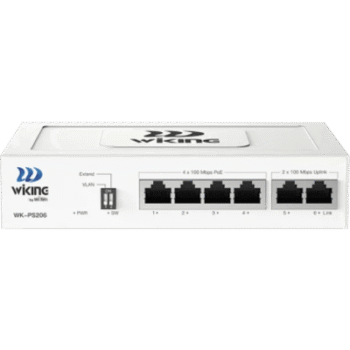 Switch PoE No Administrable / 4 Puertos 10/100 Mbps PoE af/at / 2 Puertos Uplink 10/100 Mbps / Alcance PoE 250 m (820.2 ft) / Presupuesto PoE 45 W
