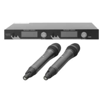 Sistema de Microfonía Inalámbrico UHF / 2 Micrófonos de Mano / 200 Canales / Alcance 100 m (328 ft) / Frecuencia 640-857 MHz / Batería 10-15 Horas