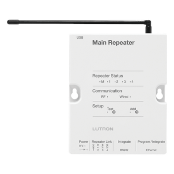 Repetidor principal RadioRA 2 / 434 MHz / alcance RF 9 m (cubre 232 m²) / Ethernet, RS232 y RS485 / reloj astronómico / hasta 100 dispositivos