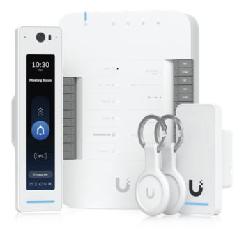 Kit de Control de Acceso IP / 1 Puerta / 2 Lectores NFC / Pantalla Táctil / Audio Bidireccional / Cámara Integrada / PoE
