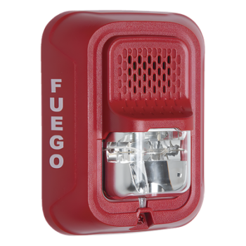 Sirena con estroboscopio / 2 hilos / 12-24 Vcd / candela 15 a 185 seleccionable / rojo con leyenda FUEGO / Serie L