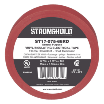 Cinta Aislante Eléctrica / PVC 0.18 mm / 19 mm Ancho / 20.12 m (66 ft) Largo / 600V / -10°C a 80°C / Rojo