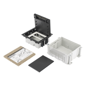 Caja de Suelo / 2 Módulos Dobles K45 / Profundidad Ajustable 70-100 mm (2.76-3.94 in) / Carga 1400 kg / Resistencia Térmica 125 °C / Antillama 850 °C / Registro para Concreto