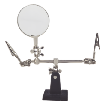 Soporte con lupa y brazos con clip / Lupa 6.2 cm / Aumento 3x / Base hierro fundido / 289 g / 14 x 8 cm (5.5 x 3.1 pulgadas)