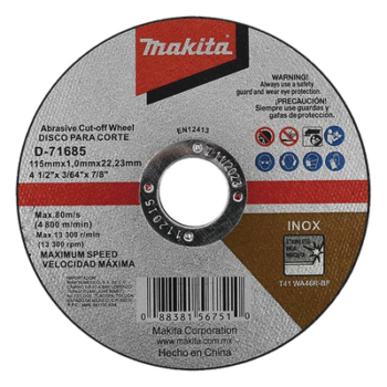 Disco de Corte / 4-1/2 pulg (115 mm) / Inox y Acero / Eje 7/8 pulg (22.23 mm) / Velocidad Máxima 4,800 RPM / 80 m/s
