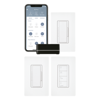 Kit de Inicio para Control Inteligente de Iluminación / Hasta 100 Dispositivos Inalámbricos / Control por App iOS y Android / Compatible con Alexa y Google Assistant / Comunicación RF Clear Connect / Incluye 2 Atenuadores, Control Pico y Placas de Pared