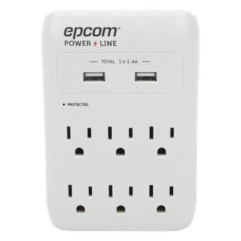 Multicontacto de Pared / 6 Salidas NEMA 5-15R / Supresor de Picos 1080 J / 2 x USB-A 5V/3.4A / 1800W / Filtro EMI/RFI 40 dB