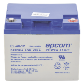 Batería 12 Vcc / 40 Ah / UL / Tecnología AGM-VRLA / Para uso en equipo electrónico Alarmas de intrusión / Incendio/ Control de acceso / Video Vigilancia / Terminales tipo M6 ( HEX ) / Cargador recomendado CHR-250.