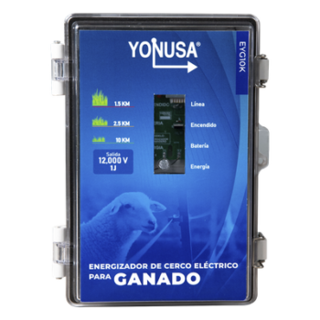 Energizador Ganadero / 10,000 Volts / 0.2 a 5.0 Joules Ajustable / 25 km (82,020 ft) Lineales / Alimentación 90-260 Vca y 12 Vcd / Panel Solar / NEMA 2