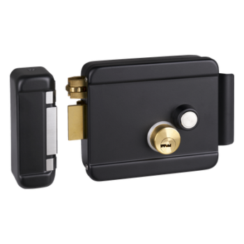 Cerradura Eléctrica con Botón de Salida / Doble Cerrojo / 12 VDC 2.5 A / Activación por Pulso 2 s / Exterior Izquierda / Cuerpo 129 x 103 x 38 mm