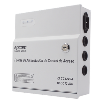Fuente de Poder / 1 Salida 11-15 Vcc /  5 A / Temporizador Integrado / Con Capacidad de Batería de Respaldo / Requiere Batería / Aplicaciones en sistemas de control de Acceso