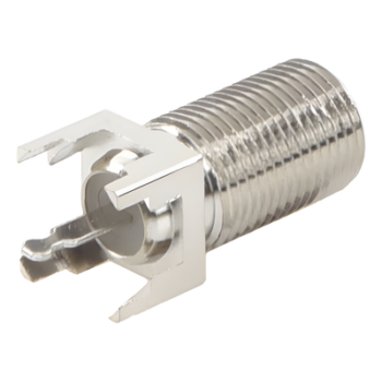 Conector F Hembra / Montaje Vertical PCB / 4 Terminales de Soldadura / Separación 0.32" / Cuerpo Níquel / Contacto Estañado / Dieléctrico Polietileno