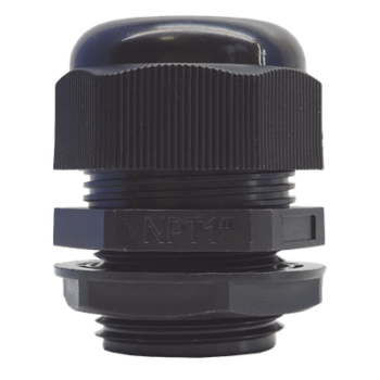 Conector Glándula Plástico / Rosca NPT 1" (25.4 mm) / Rango de Cable 16-22 mm / Color Negro / 7 Dimensiones Precisas