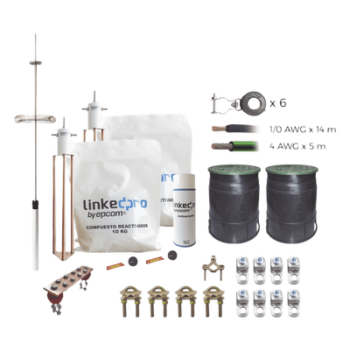 Kit de Protección Contra Rayos / Torre 9 m (29.5 ft) / Electrodo de Cobre Electrolítico / Pararrayos de Aluminio con Ionización / Filtro Equipotencial / Compuesto Reactivador