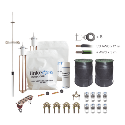 Kit de Protección Contra Rayos / Torre 12 m (39.4 ft) / Electrodo Cobre Delta / Pararrayos Aluminio Ionizado / Cable 1/0 AWG