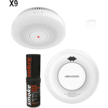 Kit de Detección de Humo HikFire / 9 Detectores Interlink HF-S3E-R + 1 Hub Wi-Fi HF-SG3-WF/R / Interconectable 30 Dispositivos / Hik-Connect / Probador SABRE Incluido / Batería 10 Años / Alarma 85 dB