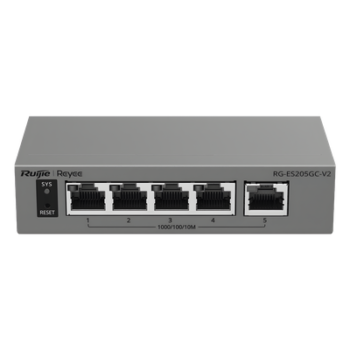 Switch Capa 2 Gestionado en la Nube / 5 Puertos Gigabit / Switching 10 Gbps / Forwarding 7.44 Mpps / Diseño sin Ventilador / Protección 6 kV / Modo CCTV de un Clic / 32 VLANs / Gabinete Metálico / Ruijie Cloud